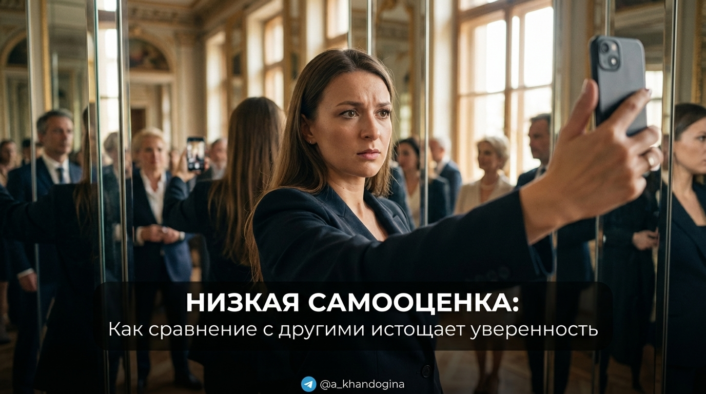 Иллюстрация: как низкая самооценка и постоянное сравнение себя с другими людьми лишают уверенности в себе