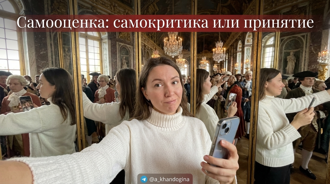 Иллюстрация психологического выбора между самокритикой и принятием себя для формирования здоровой самооценки и уверенности